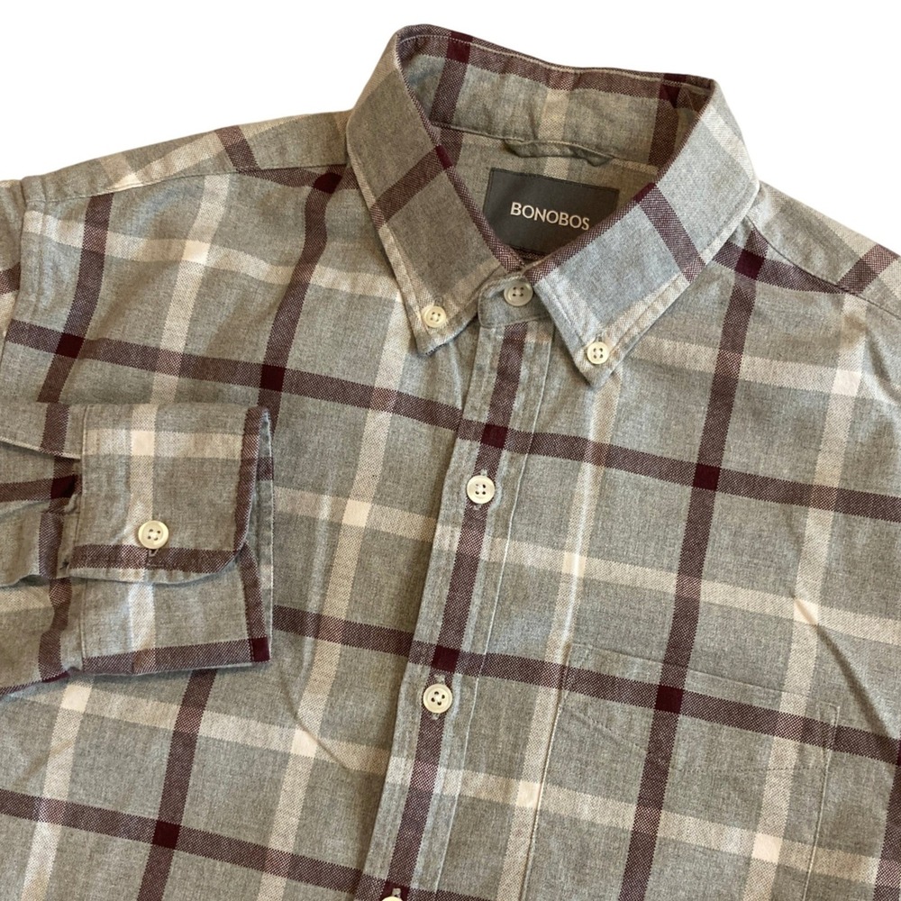 Bonobos Slim Fit Flannel Shirt Mens Small Grey Burgundy Plaid Button Down Pocket